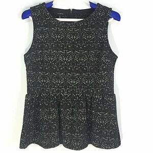 Talbots Top Size Medium Damask Knit Peplum Black Silver Jewel Embellished Neck